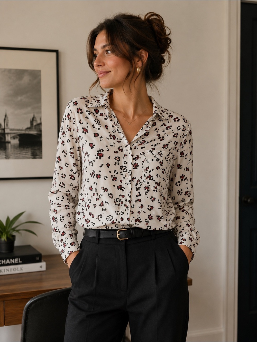 Women's White  Red Black‎ Leopard Print Blouse/ Office Siren /